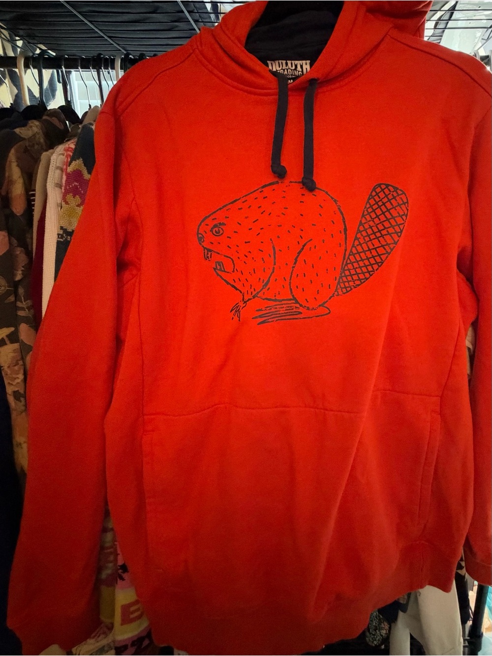 Duluth Trading Co Orange Hoodie with Navy Angry Beaver Graphic